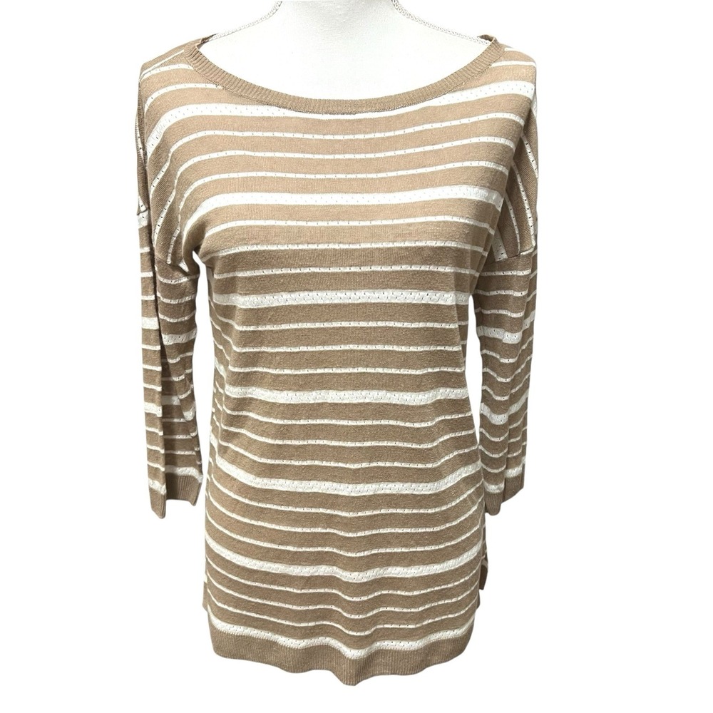 Talbots Womens Tan White Striped Linen Blend 3/4 Sleeve Sweater Small NWT Casual